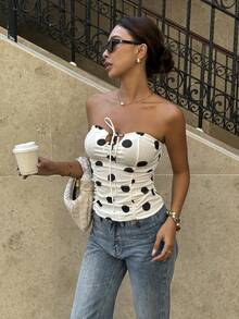 Eryvara Áo quây nữ kiểu retro mới, ngọt ngào, thanh lịch, tối giản, gợi cảm với họa tiết chấm bi đen trắng tương phản, thiết kế thời trang đa năng, xếp ly ôm sát. - Màu be - Xem 6