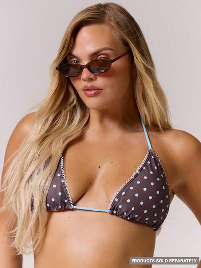 MUSERA Plus Size Polka Dot Contrast Triangle Bikini Top Only Spring Summer Vacation Holiday Cute Elegant Beach Swim Festival Ibiza