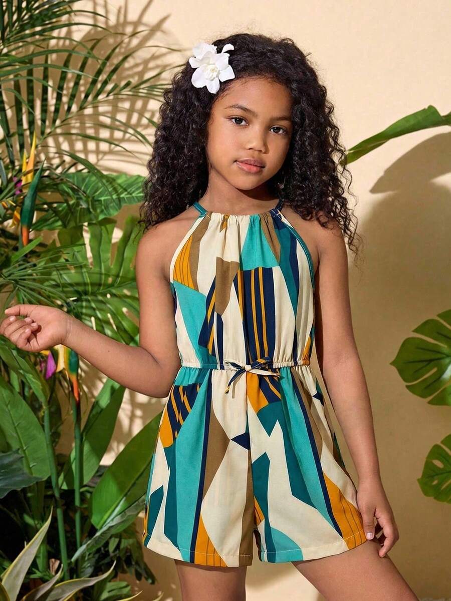 SHEIN Tween Girls' Casual Minimalist Comfortable Sleeveless Geometric Pattern Romper - Multicolor - View 1