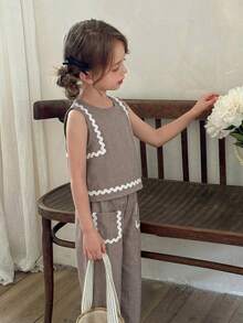 LMoss Kids 2pcs Young Girl Woven Solid Color Round Neck Camisole And Loose Casual Pants Set - Khaki - View 6
