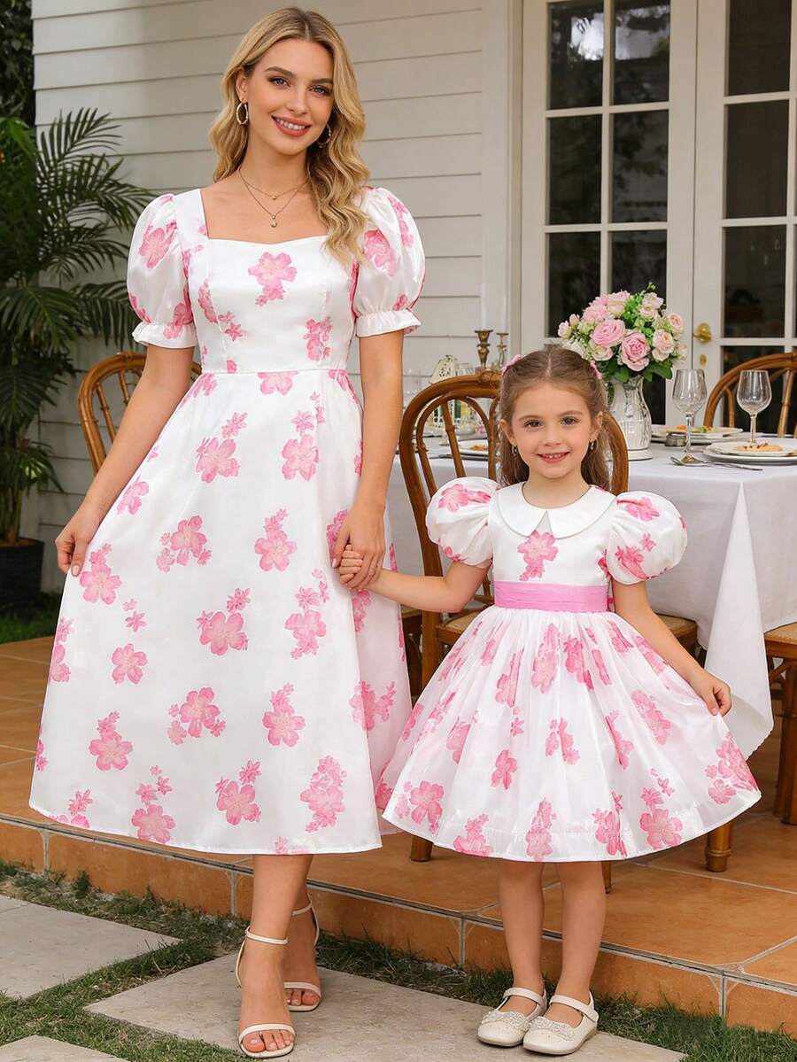 SHEIN Glamorique Kids Girls' Floral Waist Puff Tulle Puff Sleeve Elegant Party Dress, Suitable For All Seasons Easter - Pink - View 1