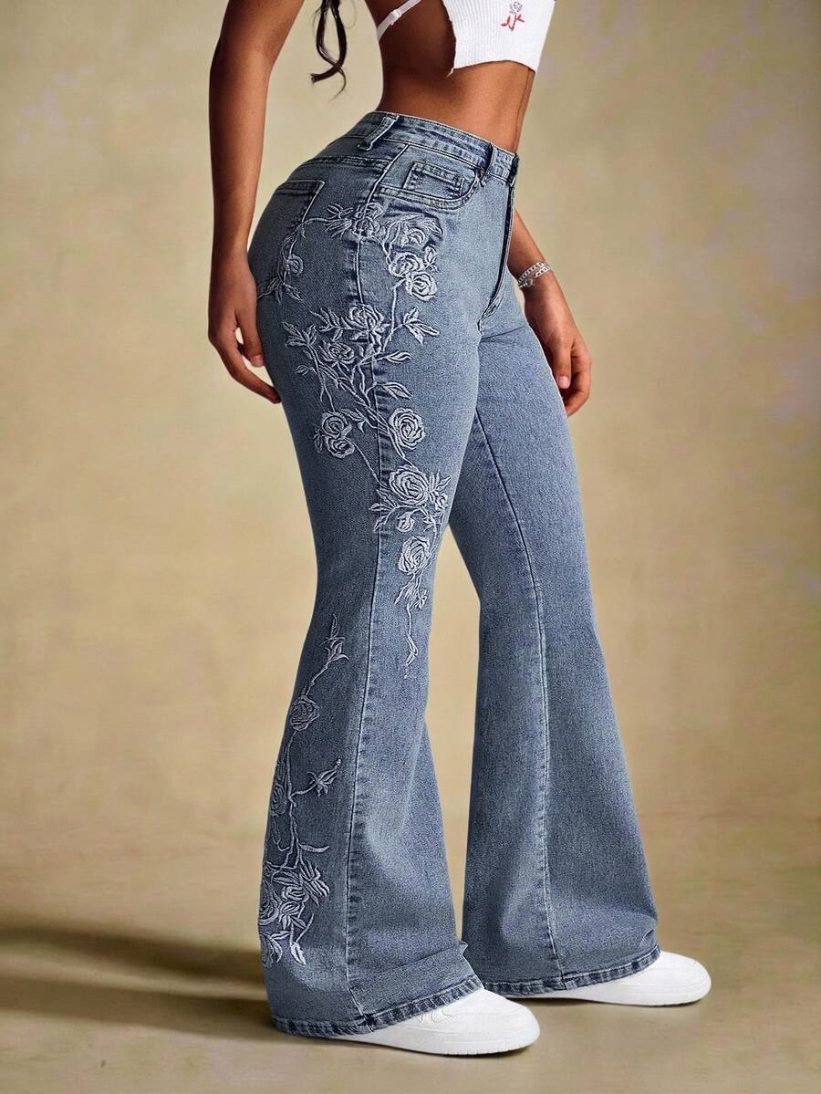 Selenza Quần jeans ống loe nữ, kiểu dáng thường ngày, thêu hoa, đã qua xử lý giặt. - Màu xanh lam - Xem 1