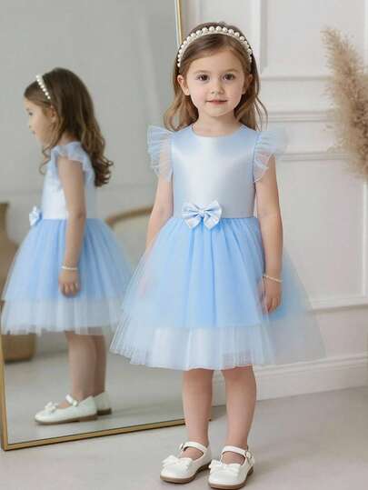 Glamorique Kids Baby Girl Spring/Summer New Solid Satin Contrast Mesh 3D Bow Elegant Party Tulle Flare Sleeve Dress
