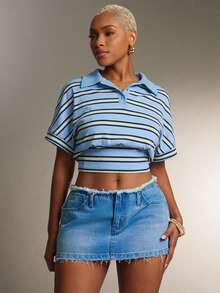 Denimoi Cinched Waist Collared Striped Polo Top Fashionable Tops Collared Top Daily Casual - Yellow - View 3