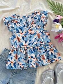 Camiseta de manga acampanada con cuello en V y pliegues con estampado total para uso diario casual de niña - Azul - Ver 4
