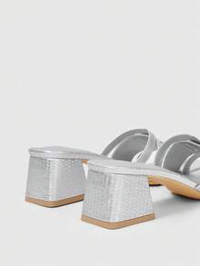 Giày sandal quai ngang mũi vuông đính đá cho nữ, thích hợp làm quà Giáng sinh - Bạc - Xem 5