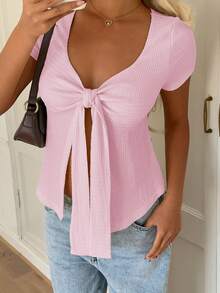 CovetEZ Light Pink Women's Front Tie Short Sleeve T-Shirt,Summer Top - Baby Pink - View 3