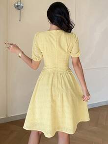 Feyla Women's Elegant Hollow Embroidery Shell Trim Waist Dress, Summer - Yellow - View 2