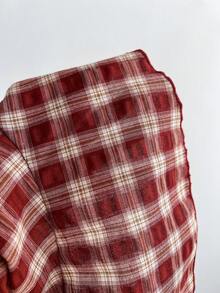 Elamini 红色格子撞色手工纽扣领短袖荷叶边迷你连衣裙，新款中国风复古甜美可爱通勤浪漫简约百搭日常女装，夏季 - 紅色 - 查看 6