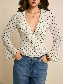 Blusa de moda sexy para mujer con dobladillo con volantes, escote en V profundo, estampado de lunares y mangas acampanadas - Albaricoque - Ver 6