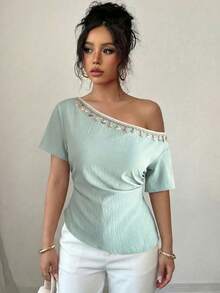 Elenzga 1 chiếc áo thun nữ mùa xuân/hè chất liệu giả lanh, họa tiết vỏ sò và tua rua, dáng chữ A, vai lệch, thích hợp mặc đi biển hoặc du lịch. - Màu xanh Bạc hà - Xem 5
