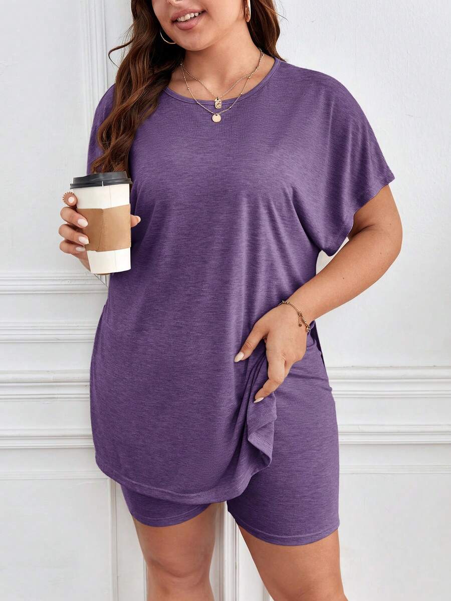 SHEIN Frenchy 大码夏季休闲纯色侧开衩T恤和短裤两件套 - 紫色 - 查看 1
