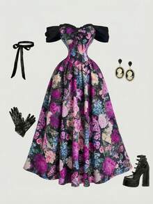SHEIN MOD Vestido largo de fiesta elegante con cintura ceñida y estampado floral con hombros descubiertos para mujer - Morado - Ver 5