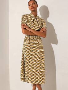 Lilora 女士优雅几何印花系腰短袖连衣裙，适合正式场合 - 黃色 - 查看 5