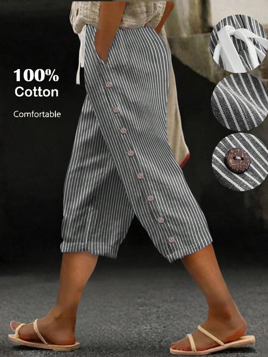 Linhara CURVE Plus Size Women's Spring/Summer Linen Striped Casual Comfortable Basic Striped Pants, Everyday/Vacation/Beach Pants With Button Decor Capri Pants Women's Country Clothing Casual Pants For Women Striped Trousers - Black - View 1