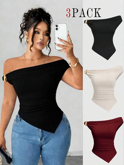 Elenzga Conjunto de 3 piezas de moda europea y americana de verano para mujer de talla grande, unicolor, con decoración metálica, dobladillo retorcido, dobladillo asimétrico, camiseta ajustada y versátil para uso casual y de oficina