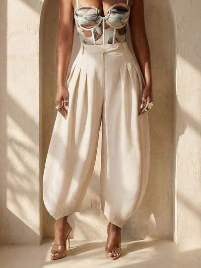 BamGleam Spring Valentine's Day New Year Holiday New Design Pleated Hem Pants, Fashionable Tropical Vacation Casual Style, Suitable For Travel, Daily Wear, Back To School, Party, Occasions