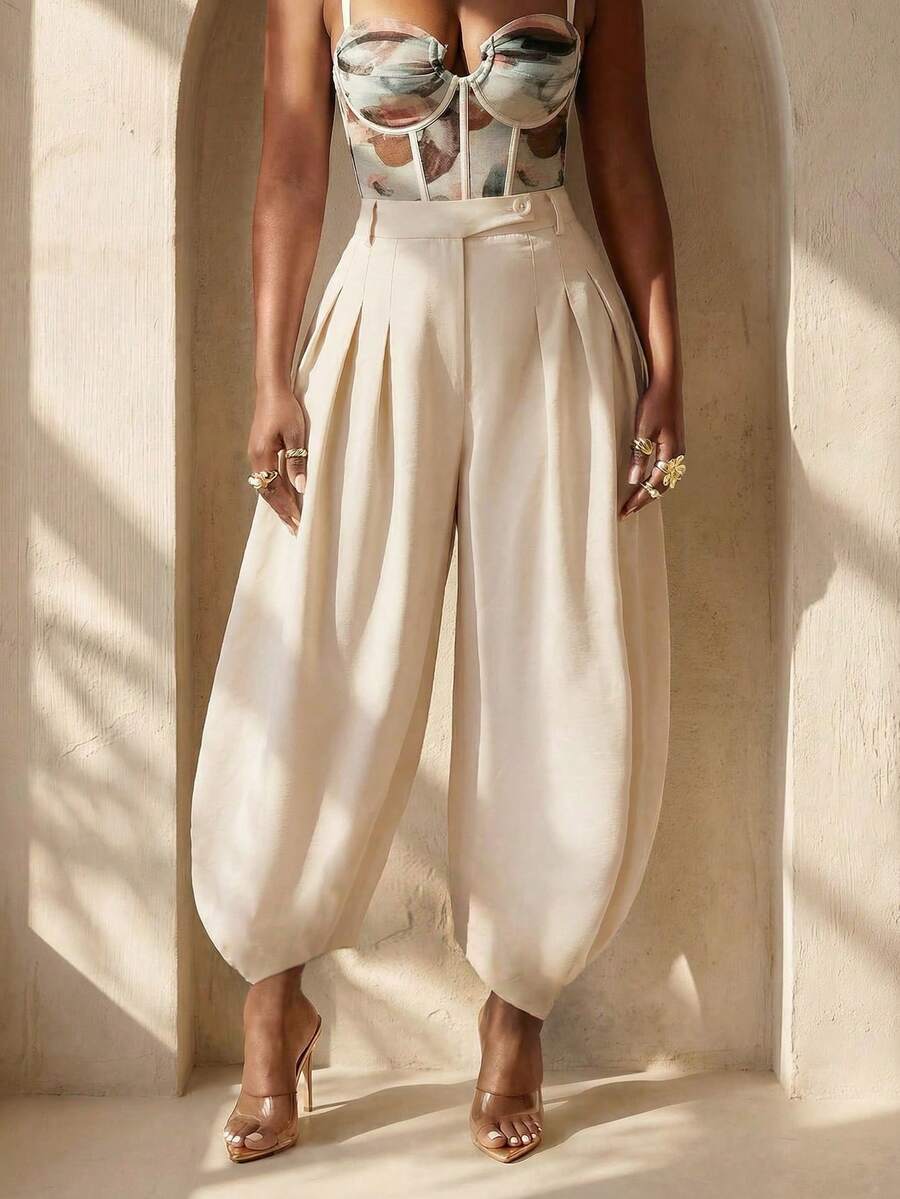 BamGlimmer 春季情人节新年假日新款褶裥裤，时尚热带度假休闲风，适合旅行、日常穿着、返校、派对、各种场合。 - 杏色 - 查看 1