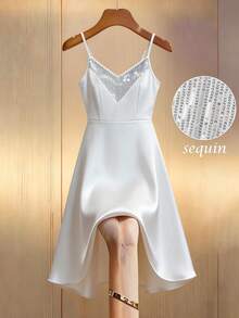 Franclia Women's Casual V-Neck Sequin Patchwork Satin White Camisole A-Line Dress Sequin Detail Dress Spaghetti Strap Dress For Women Elegant Party Dresses For Women Elegant - White - View 8