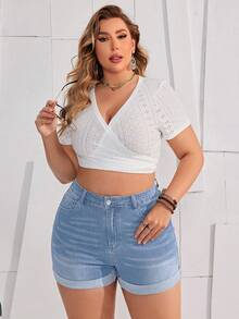 EMERY ROSE Plus Size Women's Cuffed Distressed Denim Shorts With Pockets - Baby Blue - View 3