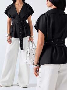 LYSMO 2026 New Minimalist Spring/Summer Women's Black Lapel Waist Hollow Button Design Casual Blazer - Black - View 7