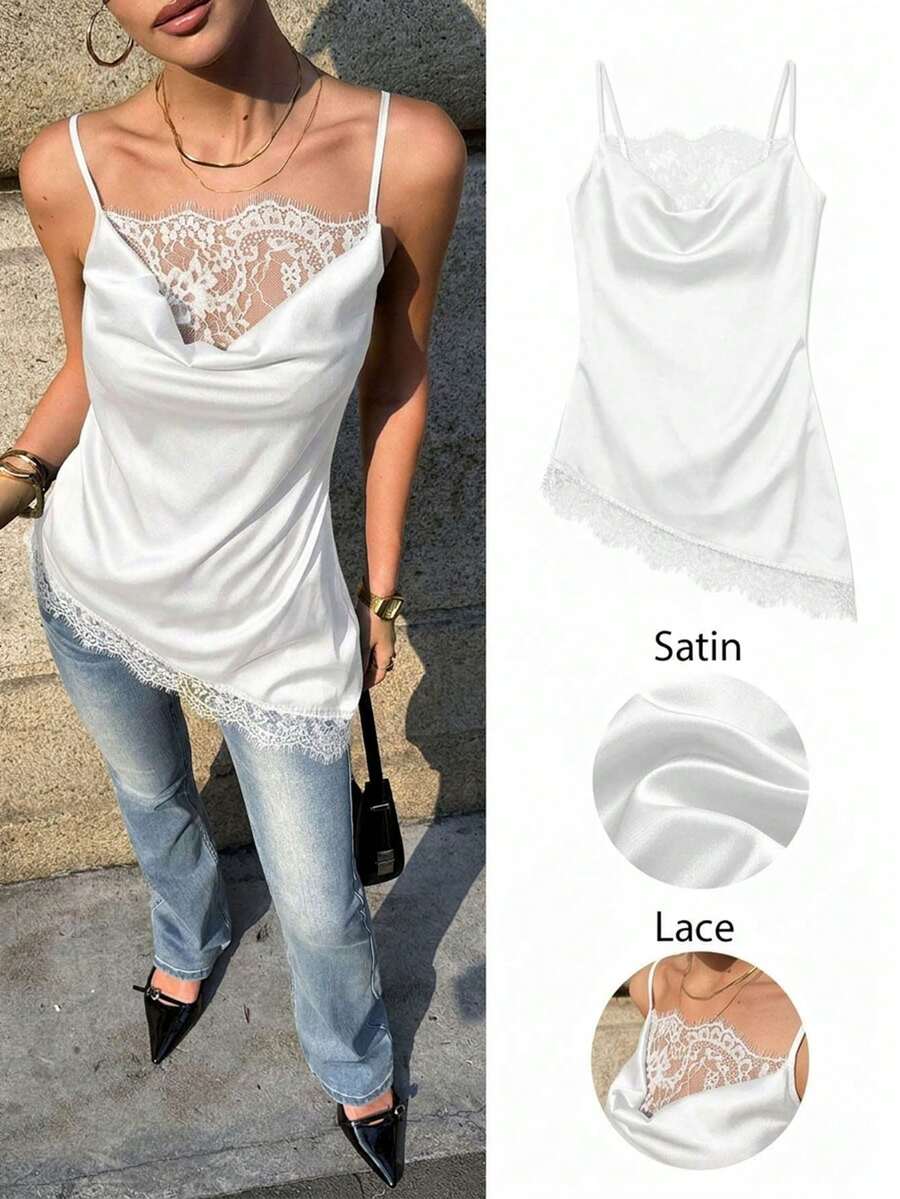 Siren Gaze Women's Summer Minimalist Solid Color Contrast Lace Asymmetric Hem Camisole,Summer Top - White - View 1