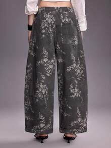 ROMWE Fairycore Vintage Retro Vintage Floral Print Loose Women's Baggy Jeans Everyday Dark Grey Summer - Multicolor - View 2