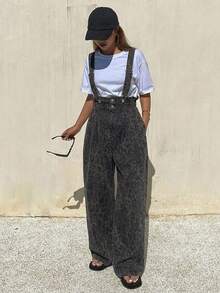 DAZY 女士豹纹宽松可调节牛仔背带裤，休闲都市风 - 綠色 - 查看 2