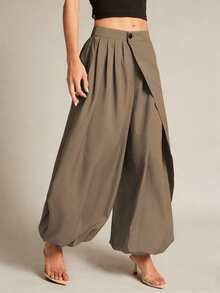 Hauture Women Oversized Loose Fit Wrap Front Irregular Split Balloon Pants High Waist Wide Leg Baggy Draped Culottes Casual Relaxed Fit Office Trousers - Khaki - View 4