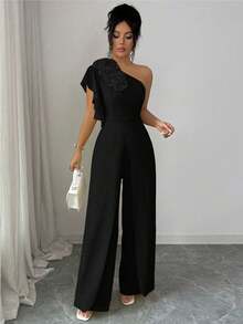 Elenzga Spring & Summer Asymmetric Ruffled Sleeveless Jumpsuit, Pale Yellow, Waist Cinching Design, Elegant Floral Decor, Chic French Style Vacation Wear - Black - View 6