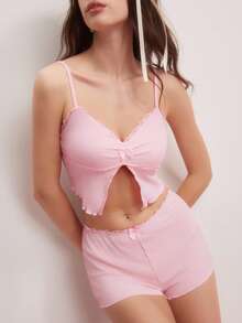 女士休闲粉色性感睡衣套装 - 粉色 - 查看 1