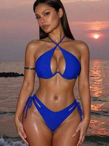 Summer Beach Cut-Out Knot Back Cross Halter Underwire Bikini Bikini Azulblue Bikini - Royal Blue - View 4