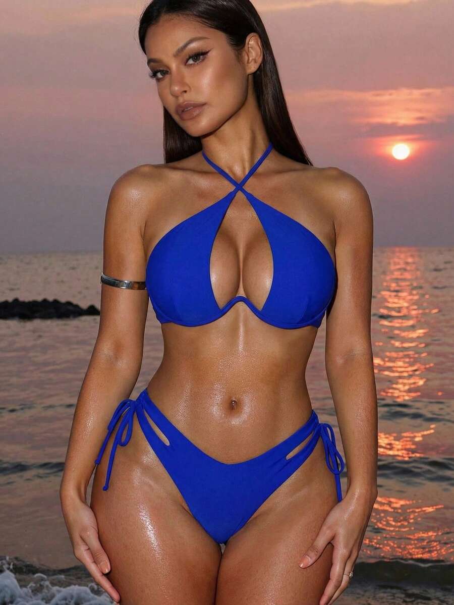 Summer Beach Cut-Out Knot Back Cross Halter Underwire Bikini Bikini Azulblue Bikini - Royal Blue - View 1
