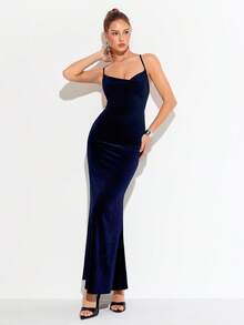 Rafferiza Elegante vestido rojo para mujer para la fiesta de Año Nuevo, ropa de fiesta, vestido de terciopelo burdeos largo para mujer - Azul Marino - Ver 3