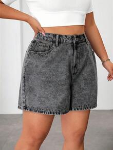 SHEIN EZwear 大码女式高腰口袋休闲百搭牛仔短裤 - 灰色 - 查看 4