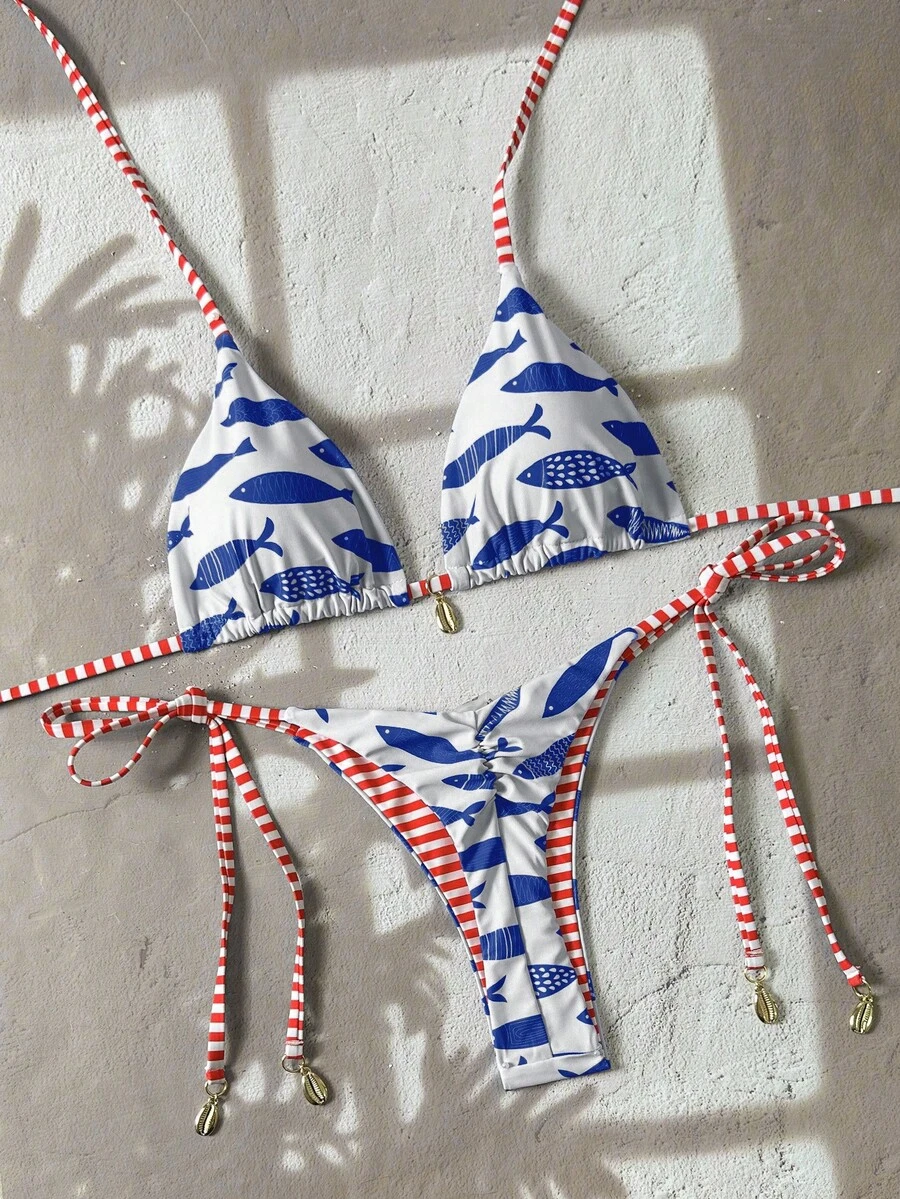 Swim Vcay White And Blue Fish Print Bikini Set,Women's 2 Pieces Swimwear For Summer,Tropical Holiday,Pool Party,Vacation,Holiday Sunbathing Yummy Control Suit - Multicolor - View 1