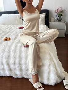 DAZY 女士蕾丝拼接吊带背心和裤子睡衣套装 - 灰色 - 查看 8