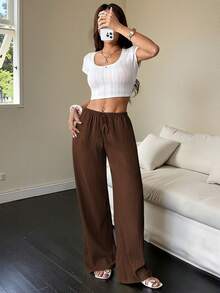 Flirla Tall Women's Pants, Textured Fabric, Waist Tie Fall Cloth For Women - Brown - View 3