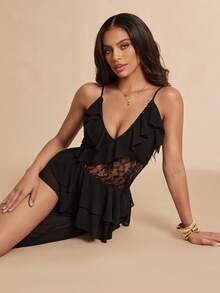 Silquee Women's Black Summer 70's Party Night Out Dress, Lace-Trimmed Ruffled Maxi Slip Gown For Dates,Bridesmaids,Weddings,Nightclubs Formal Occasions Sexy - Black - View 7