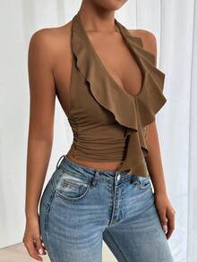 Allurite 女士深V领系带纯色吊带上衣 - 咖啡棕 - 查看 6