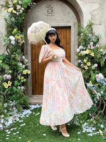 Lyrianda Plus Size Women Elegant Floral Print Long Pleated Dress - Pink - View 4