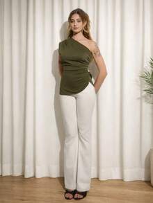 Ananda Vibes 1pc Women's Asymmetrical Neck Solid Color Stylish Top Suitable For Summer - Army Green - View 3