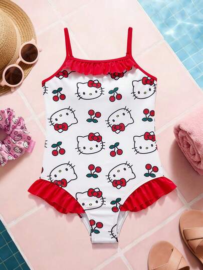 HELLO KITTY AND FRIENDS | SHEIN Tween Girl Cartoon Pattern Ruffle Trim One-Piece Swimsuit