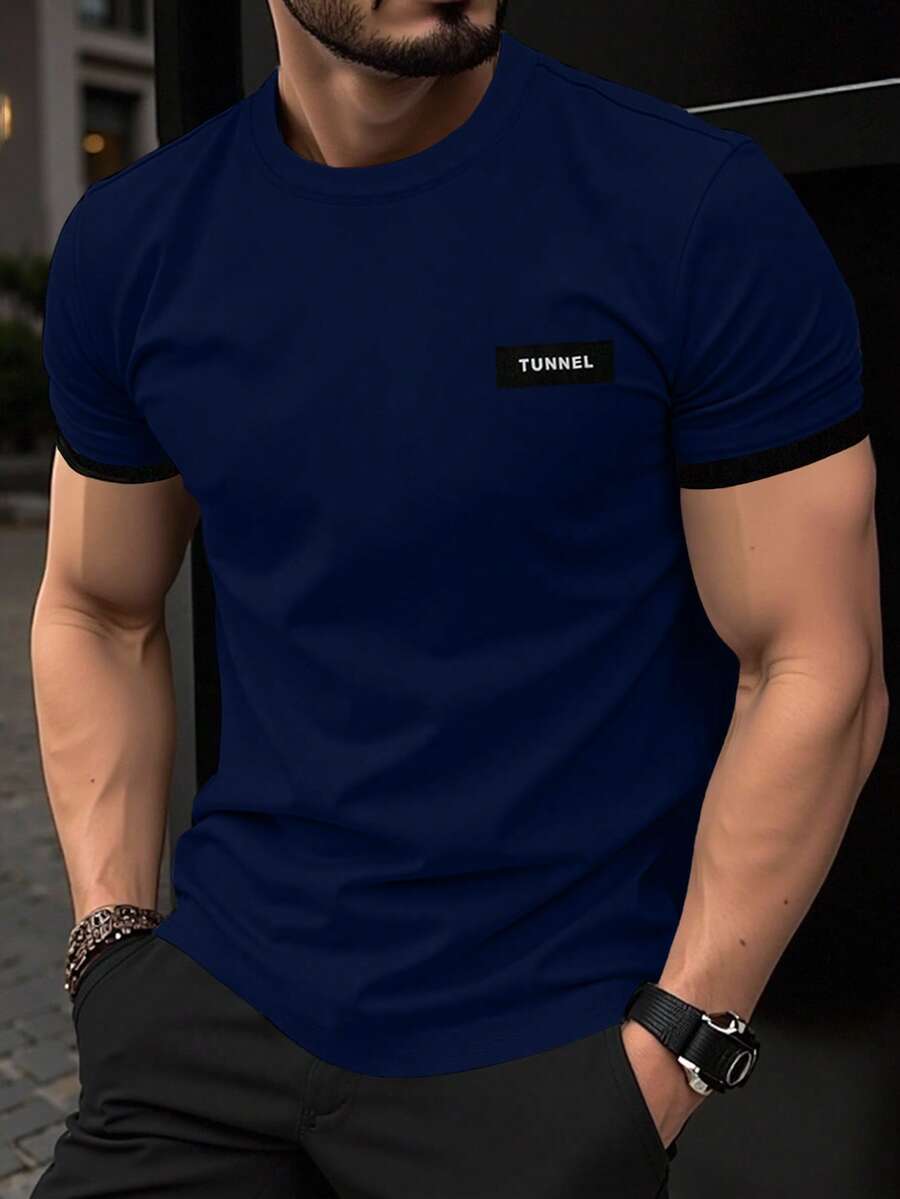 Manfinity Homme Men's Letter Print Casual Versatile Round Neck Short Sleeve T-Shirt, Suitable For Commuting And Travel - Navy Blue - View 1