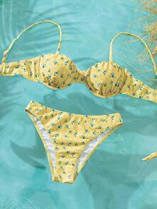 Swim Mod 春夏新款跨境甜美碎花吊带系带两件式泳衣，钢圈聚拢褶皱比基尼套装，搭配高腰丁字裤，性感泳装，适合海滩、泳池、夏季假期穿着 - 黃色 - 查看 5