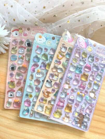 POKOJA LAND 新款3D立体幽灵家族浮雕水晶贴纸，儿童卡通手工益智奖励贴纸，高品质卡通3D立体浮雕水晶熊猫贴纸，可爱小图案贴纸，适合女孩手机装饰