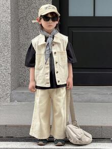 Dazy Kids Bộ áo sơ mi denim một hàng cúc và quần dài thường ngày cho bé trai. - trắng - Xem 3