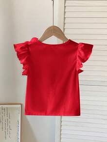 SHEIN Young Girl Floral 3D Decor Round Neck Elegant Ruffle Trim T-Shirt - Red - View 9