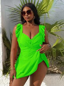 Slaydiva Plus Size Women Solid Color Strap Flounce Criss-Cross Front Swimwear Set - Green - View 3
