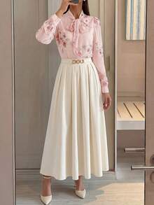 Modelyn Áo sơ mi nữ thanh lịch, in hoa, cổ buộc dây, thích hợp cho công sở. - Nhiều màu - Xem 2